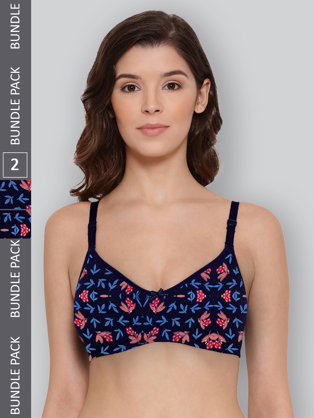

LYRA Pack Of 2 Printed Combed Cotton Wirefree Secret Support Bra with Detachable Strap, Navy blue