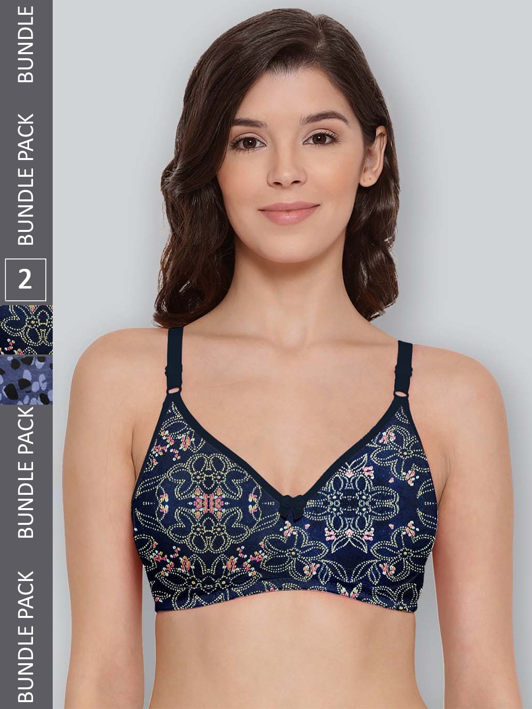 

LYRA Pack Of 2 Printed Combed Cotton Seamless Moulded Encircled Bra, Navy blue