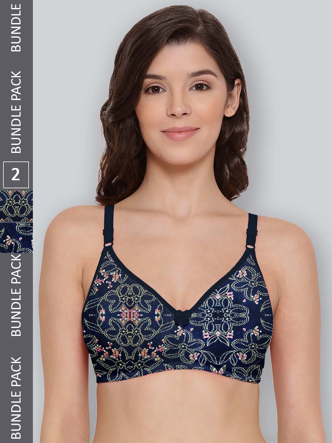 

LYRA Pack Of 2 Printed Combed Cotton Seamless Moulded Encircled Bra, Navy blue