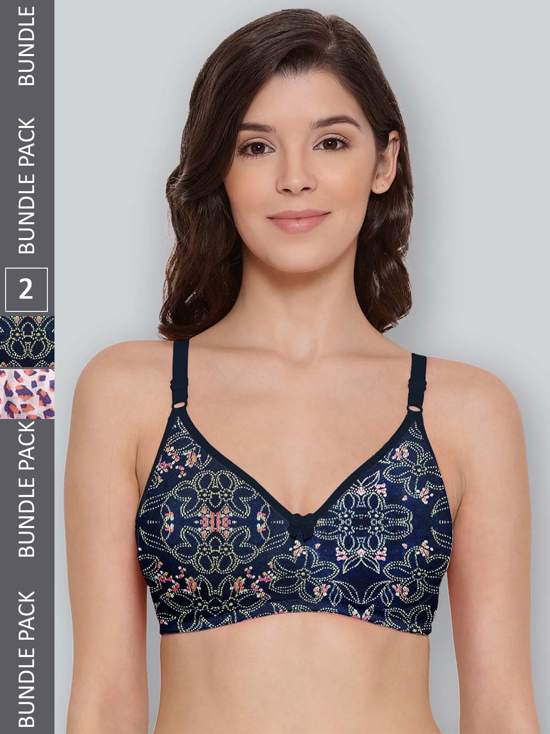 

LYRA Pack Of 2 Printed Combed Cotton Seamless Moulded Encircled Bra, Navy blue
