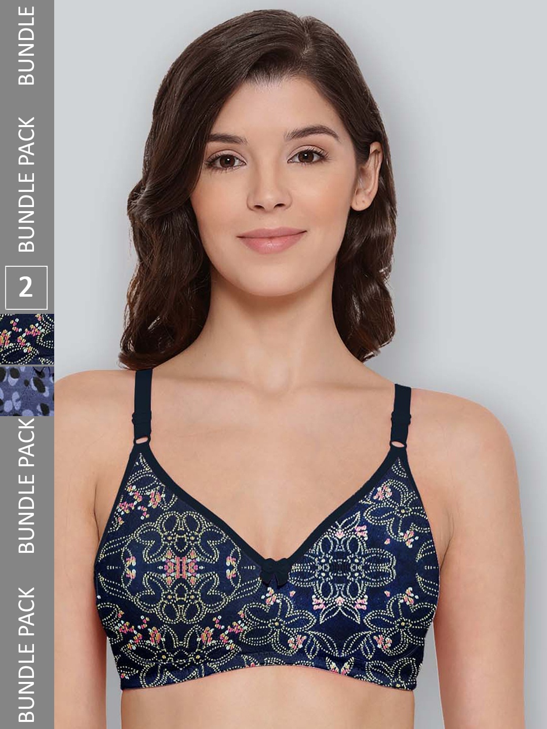 

LYRA Pack Of 2 Printed Combed Cotton Seamless Moulded Encircled Bra, Navy blue