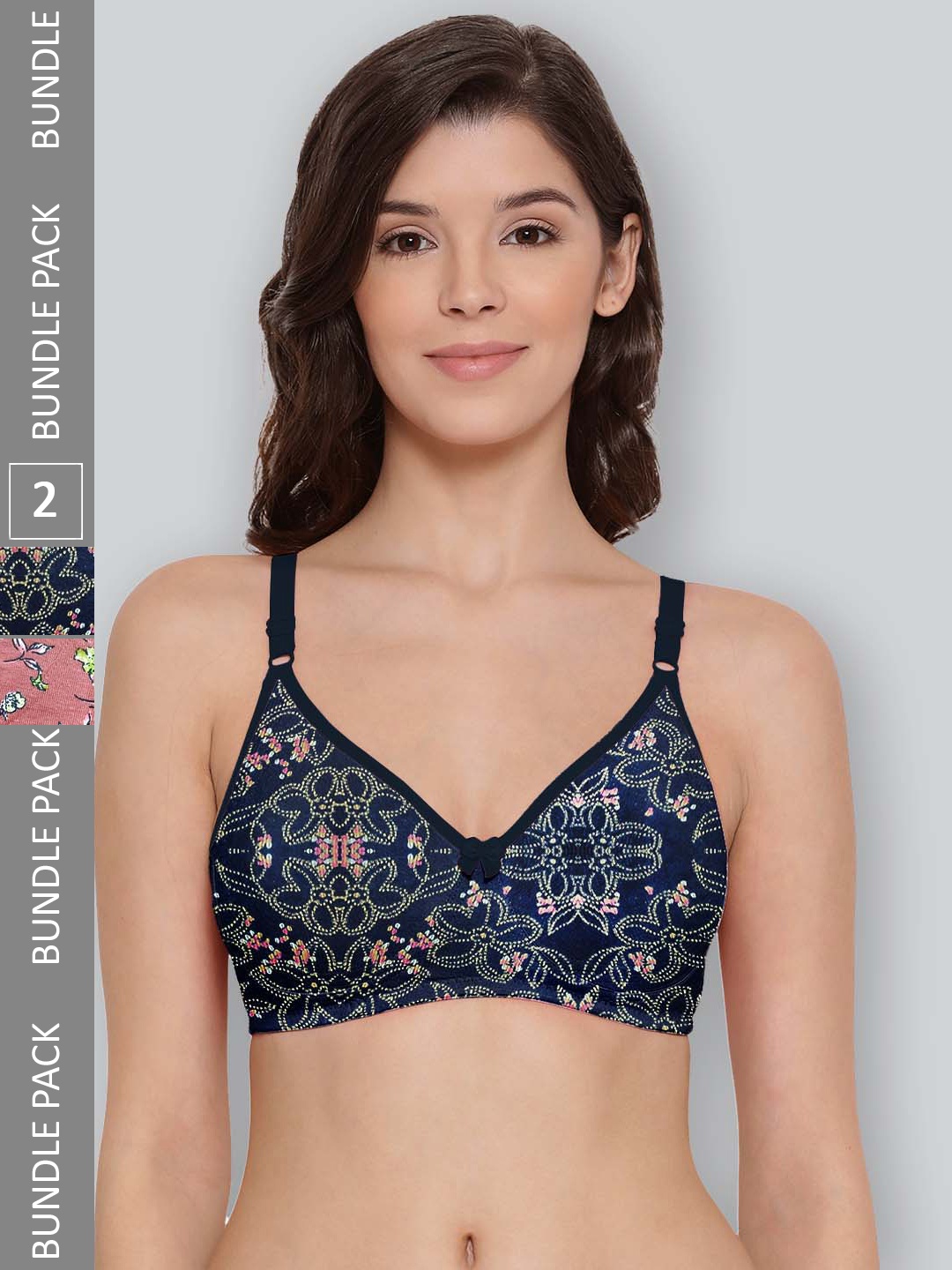 

LYRA Pack Of 2 Printed Combed Cotton Seamless Moulded Encircled Bra, Navy blue