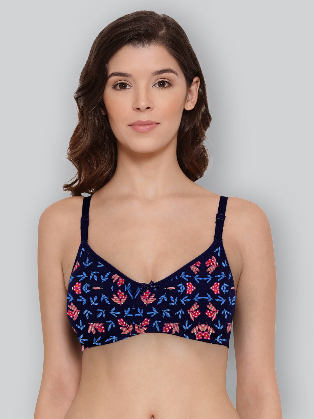 

LYRA Printed Combed Cotton Wirefree Secret Support Bra with Detachable Strap, Navy blue