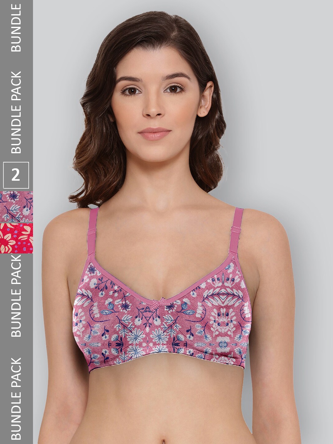 

LYRA Pack Of 2 Printed Combed Cotton Wirefree Secret Support Bra with Detachable Strap, Fuchsia