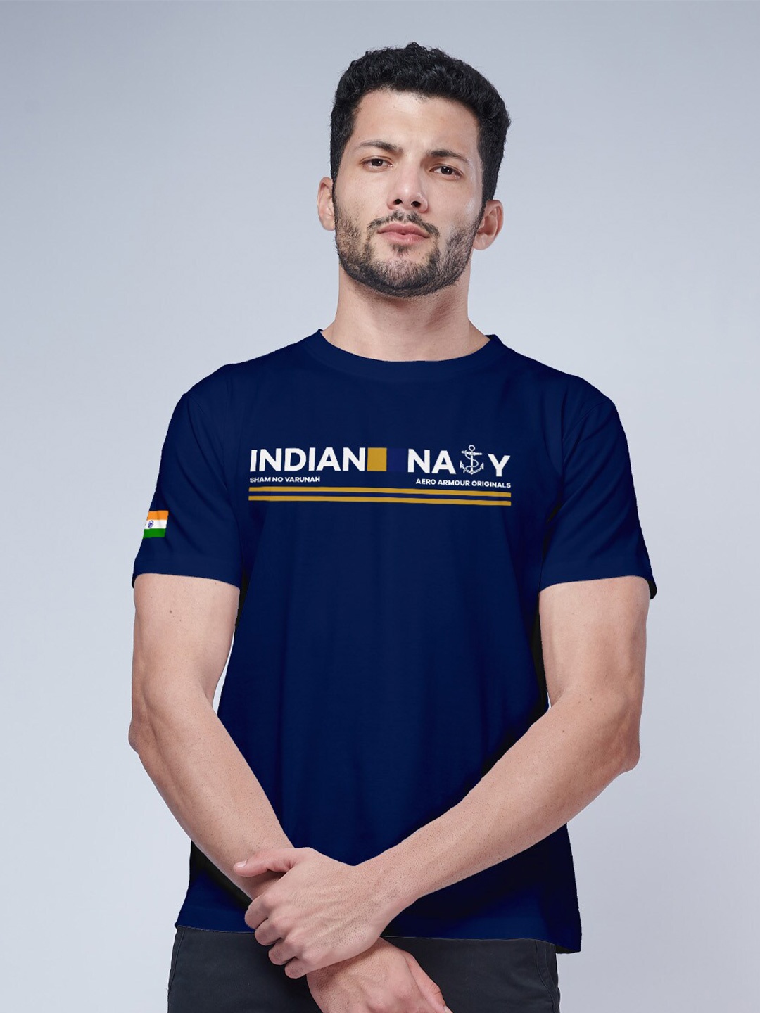 

Aero Armour Typography Printed Round Neck Pure Cotton T-shirt, Navy blue