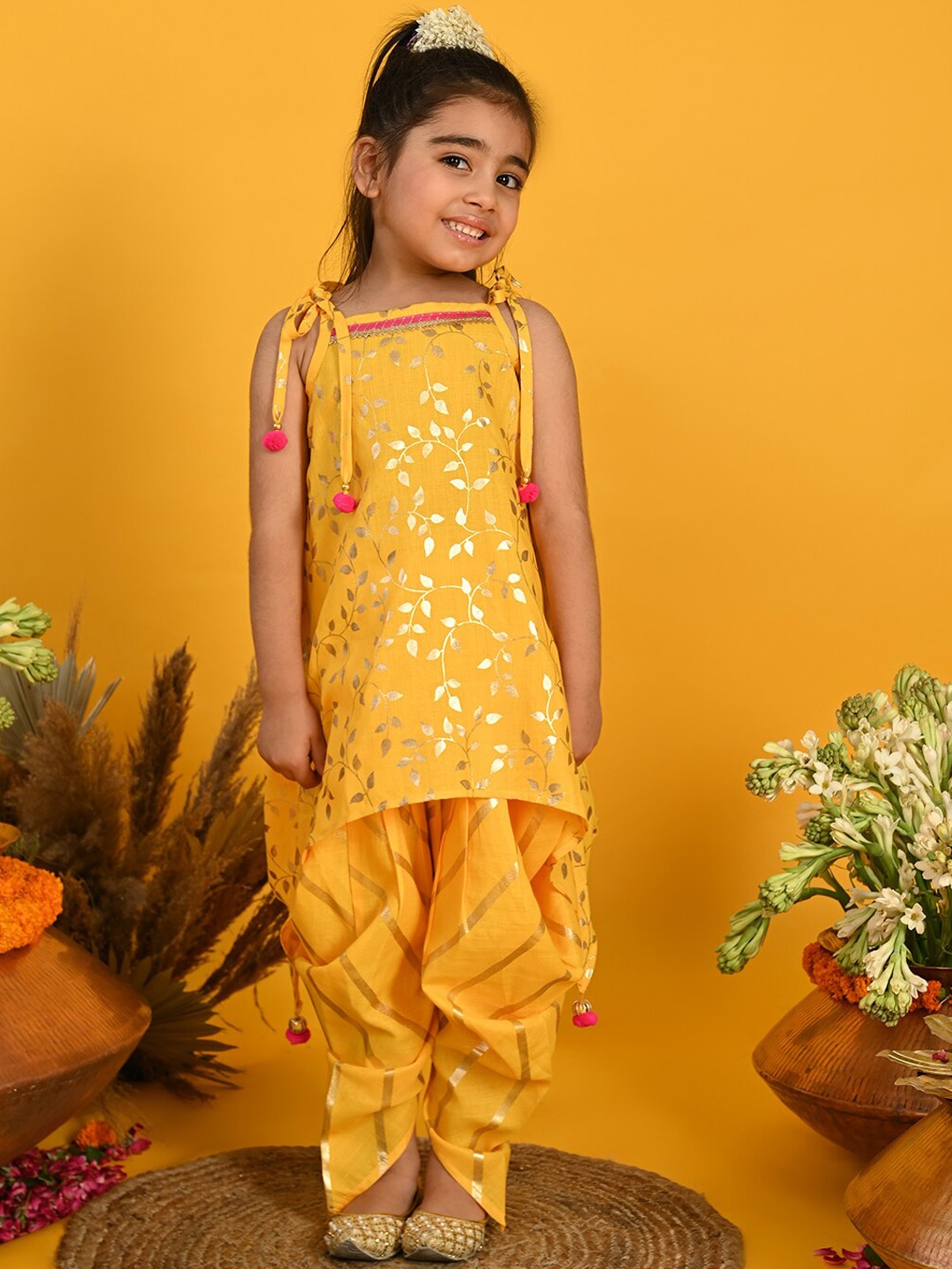 

SAKA DESIGNS Girls Floral Printed A-Line Kurta with Dhoti Pants, Yellow