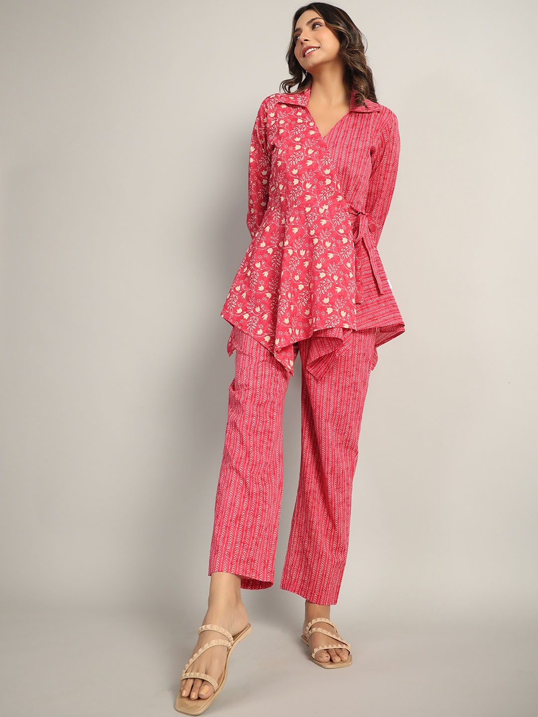 

JISORA Women Printed Cotton Ethnic Co-Ords, Pink