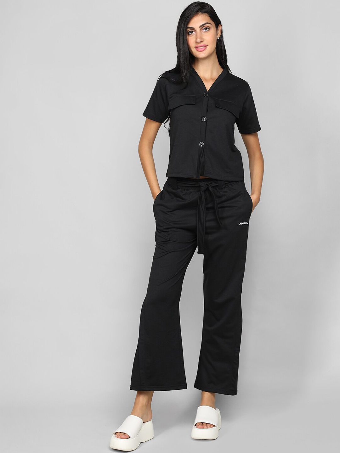 

CHKOKKO V-Neck Shirt With Trousers Co-Ords, Black