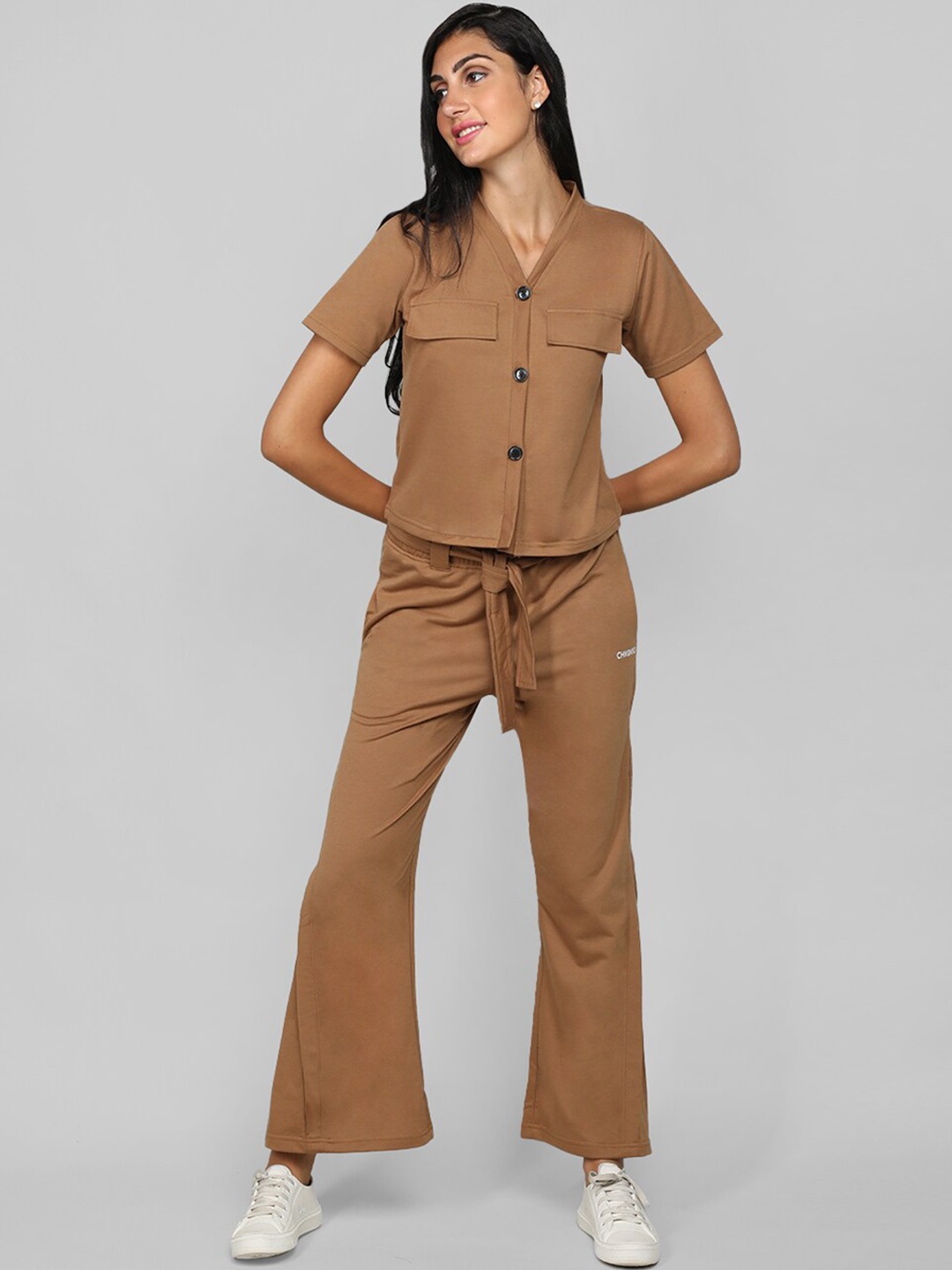 

CHKOKKO V-Neck Shirt With Trousers Co-Ords, Camel brown