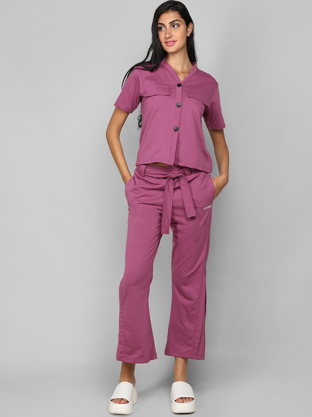 

CHKOKKO V-Neck Shirt With Trousers Co-Ords, Pink