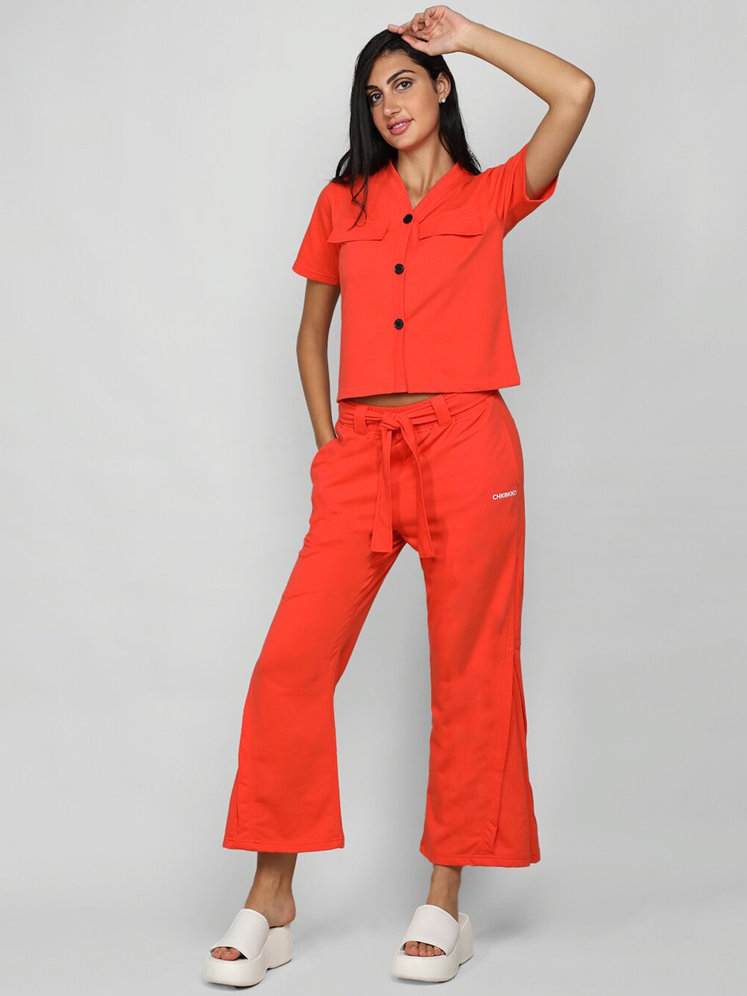 

CHKOKKO V-Neck Shirt With Trousers, Orange