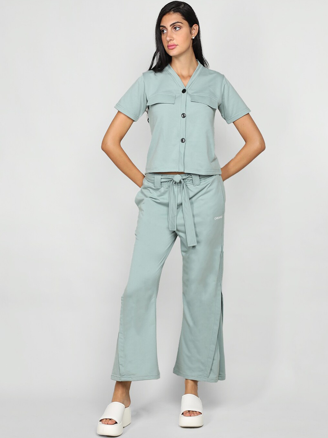 

CHKOKKO V-Neck Shirt With Trousers, Green