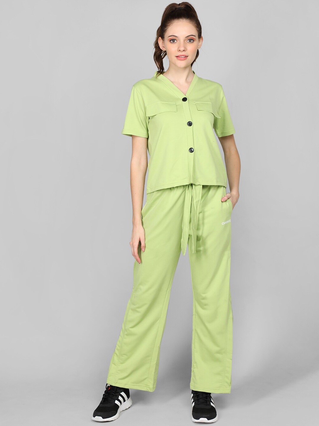 

CHKOKKO V-Neck Shirt With Trousers, Green