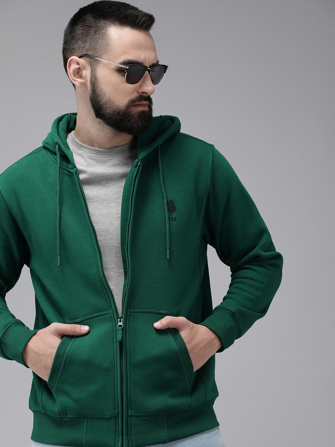 

U.S. Polo Assn. Brand Logo Embroidered Hooded Front-Open Sweatshirt, Green