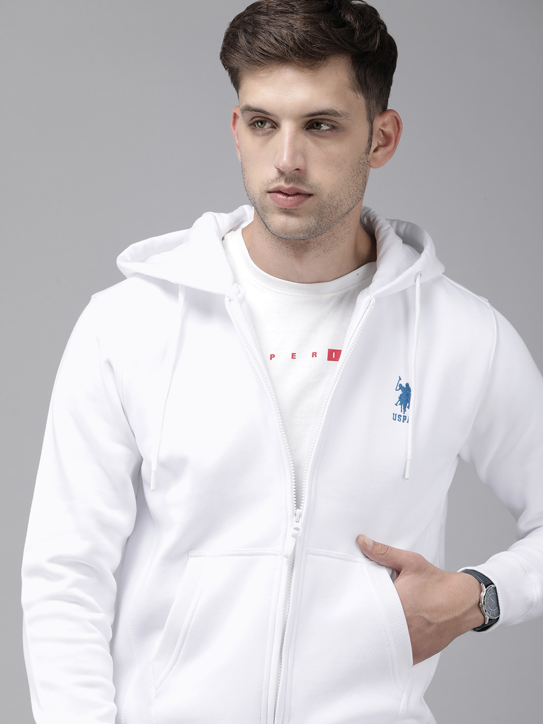 

U.S. Polo Assn. Embroidered Front-Open Hooded Sweatshirt, White