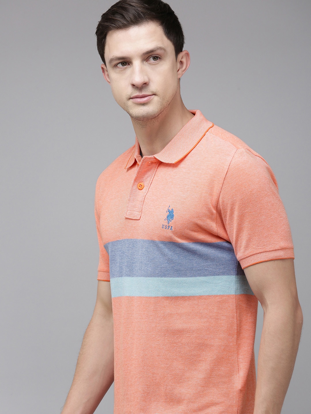 

U.S. Polo Assn. Pure Cotton Striped Polo Collar Slim Fit T-shirt, Orange