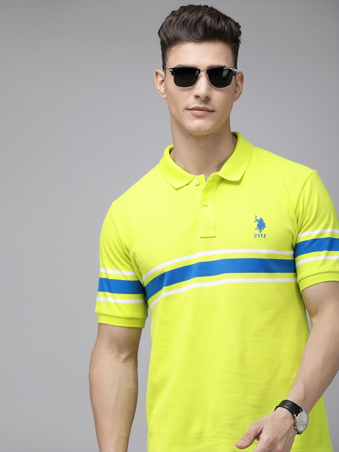 

U.S. Polo Assn. Striped Polo Collar Pure Cotton Slim Fit T-shirt, Lime green