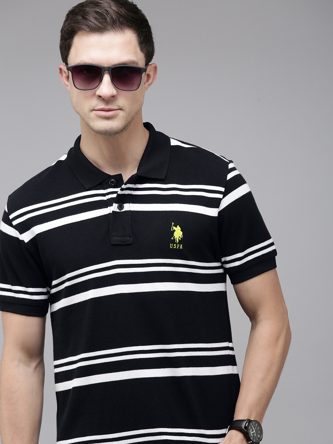 

U.S. Polo Assn. Pure Cotton Striped Polo Collar Slim Fit T-shirt, Black