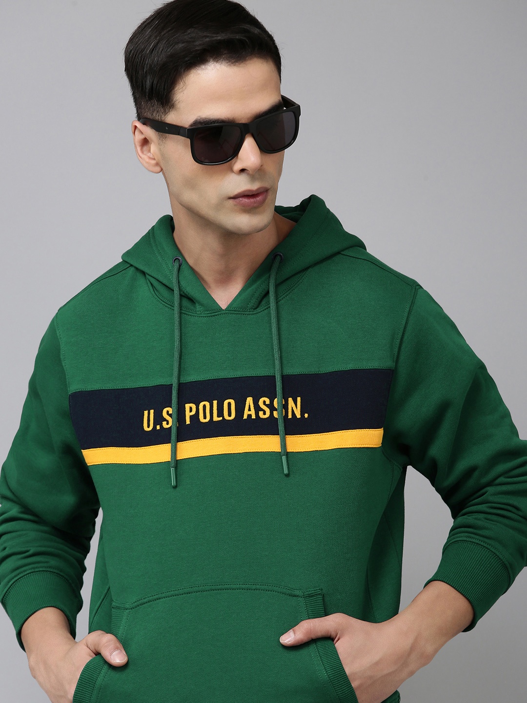 

U.S. Polo Assn. Brand Logo Printed Colourblocked Hooded Sweatshirt, Green