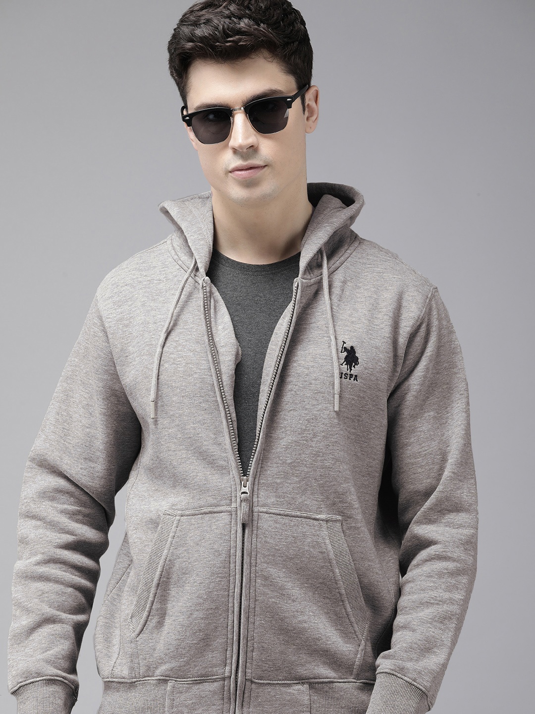 

U.S. Polo Assn. Embroidered Front-Open Hooded Sweatshirt, Grey melange
