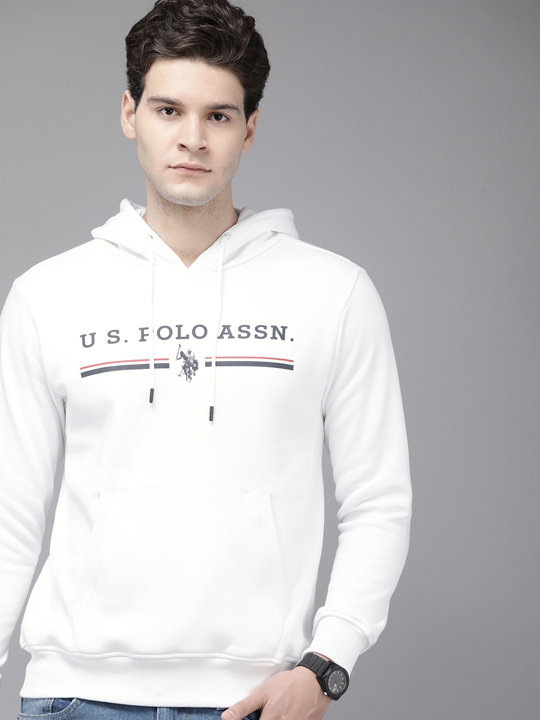 

U.S. Polo Assn. Brand Logo Printed Hooded Sweatshirt, White