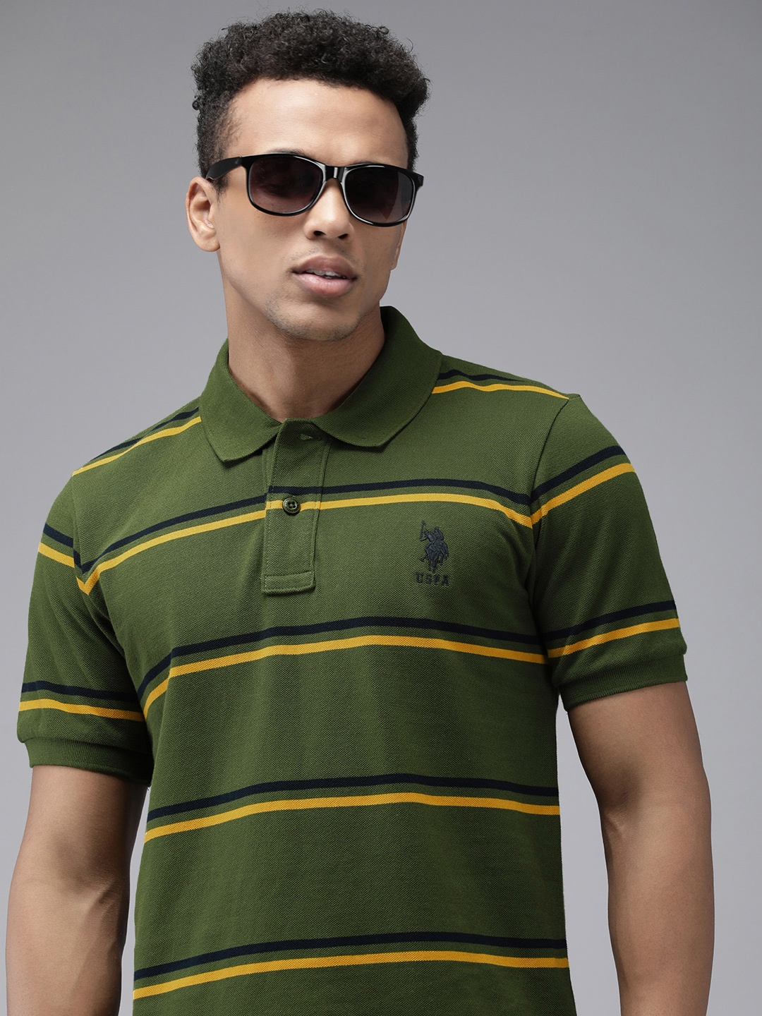 

U.S. Polo Assn. Striped Polo Collar Pure Cotton Slim Fit T-shirt, Olive