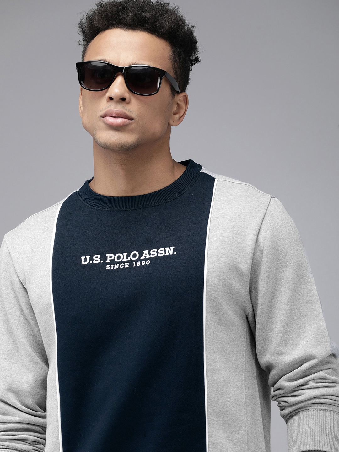 U.S. Polo Assn. Colourblocked Brand Logo Embroidered Sweatshirt, Grey
