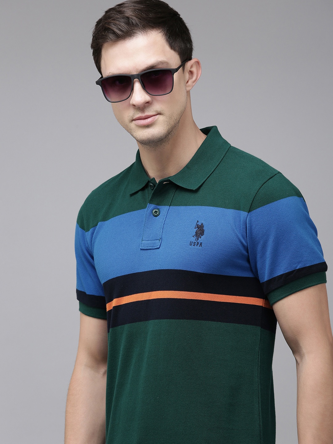 

U.S. Polo Assn. Colourblocked Polo Collar Pure Cotton Slim Fit T-shirt, Green