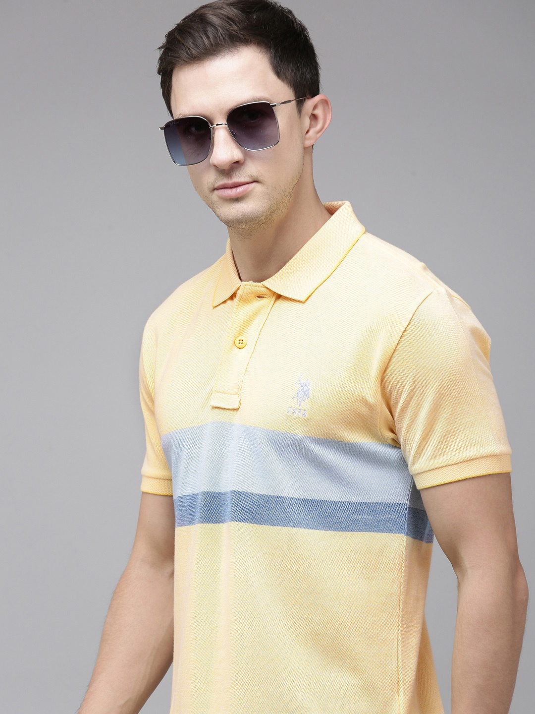 

U.S. Polo Assn. Pure Cotton Striped Polo Collar Slim Fit T-shirt, Yellow