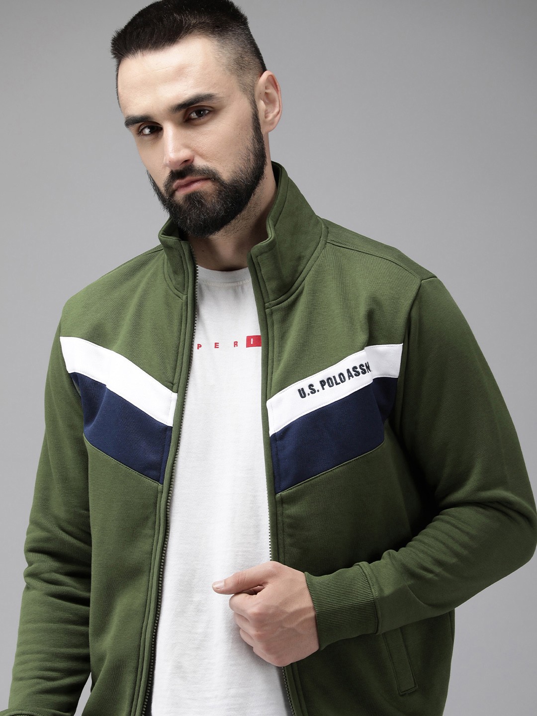 

U.S. Polo Assn. Long Sleeves Striped Front-Open Sweatshirt, Olive