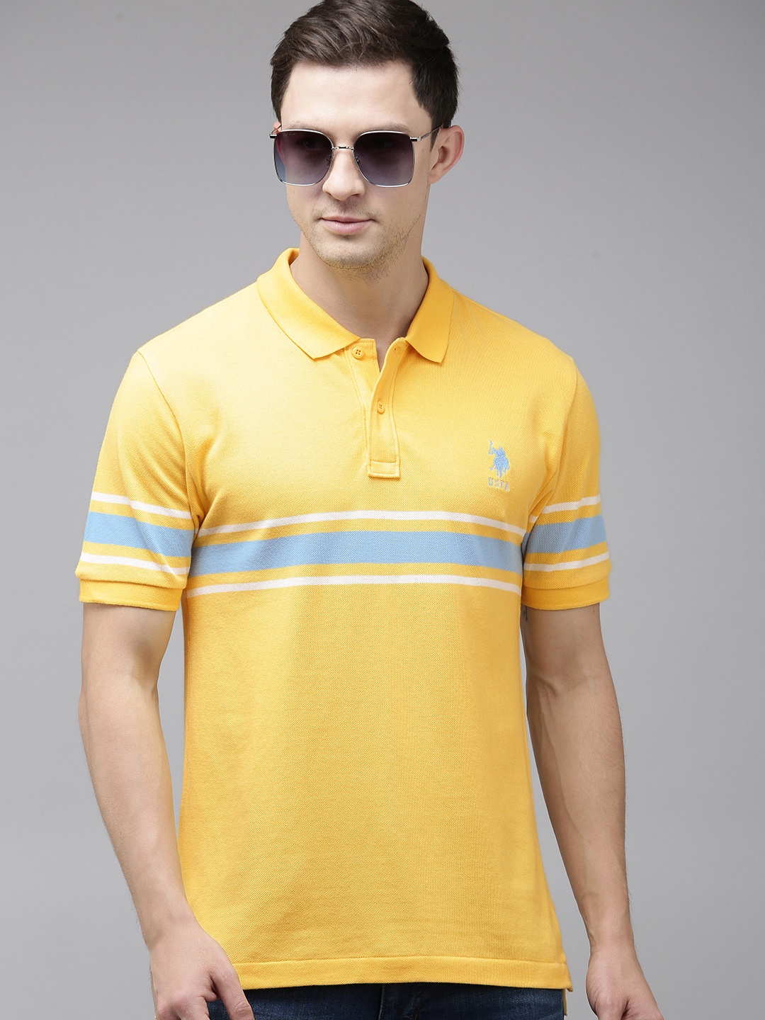 

U.S. Polo Assn. Pure Cotton Slim Fit Polo Collar Striped Casual T-shirt, Yellow