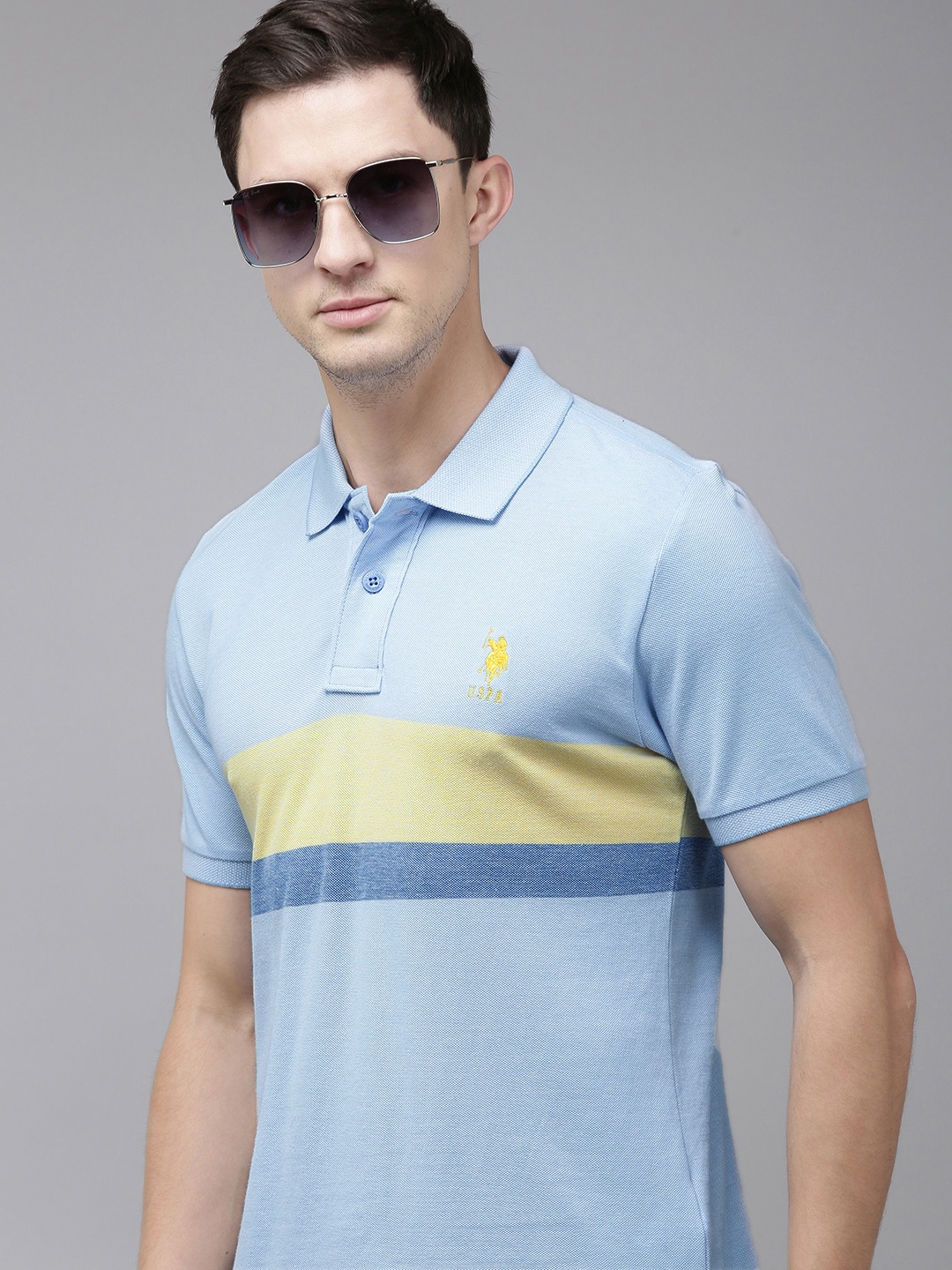 

U.S. Polo Assn. Pure Cotton Slim Fit Polo Collar Striped Casual T-shirt, Blue