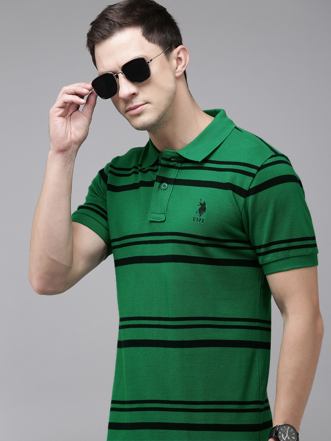 

U.S. Polo Assn. Striped Polo Collar Pure Cotton Slim Fit T-shirt, Green