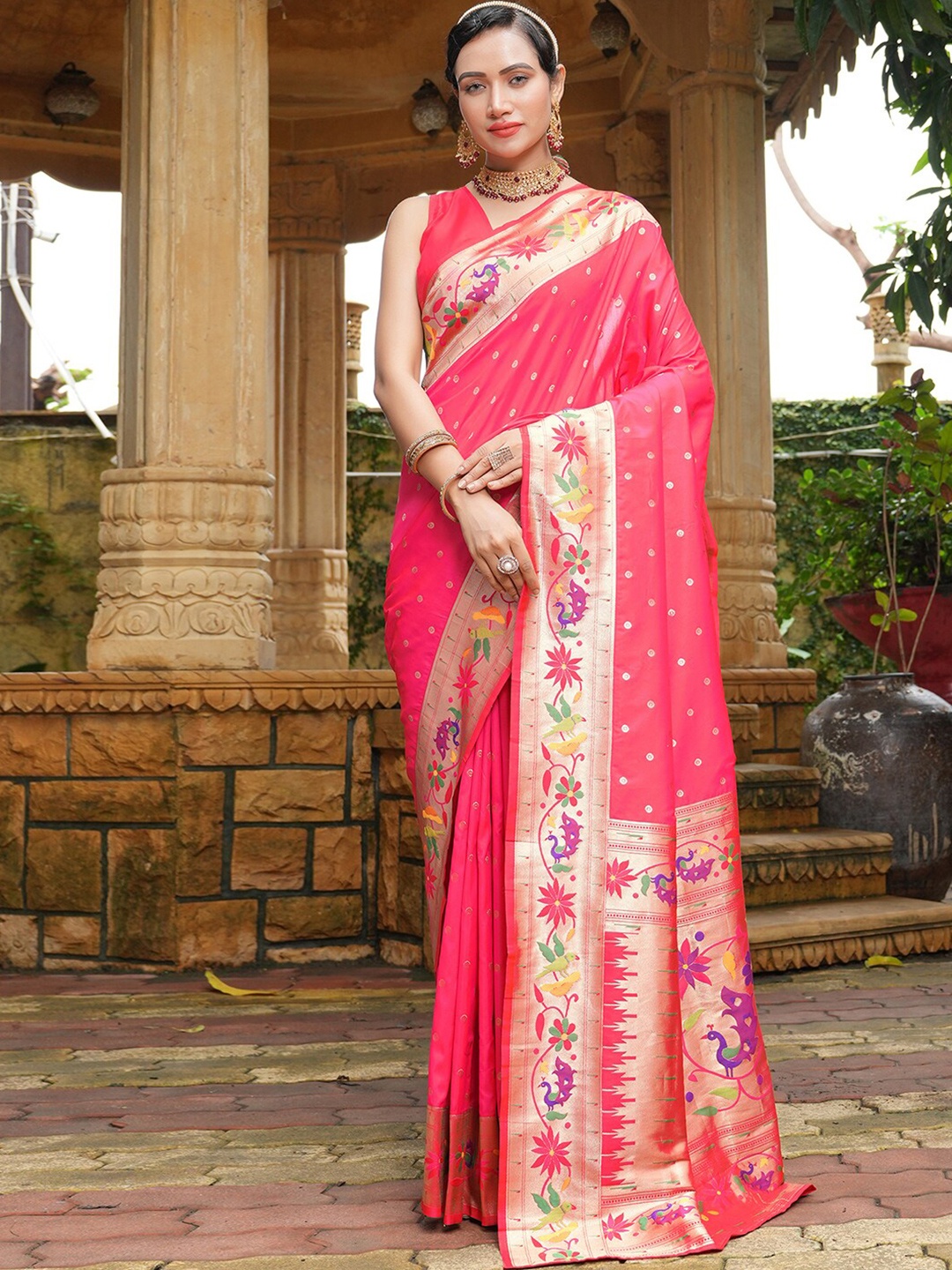 

Satrani Pink & Green Ethnic Motifs Woven Design Zari Paithani Saree