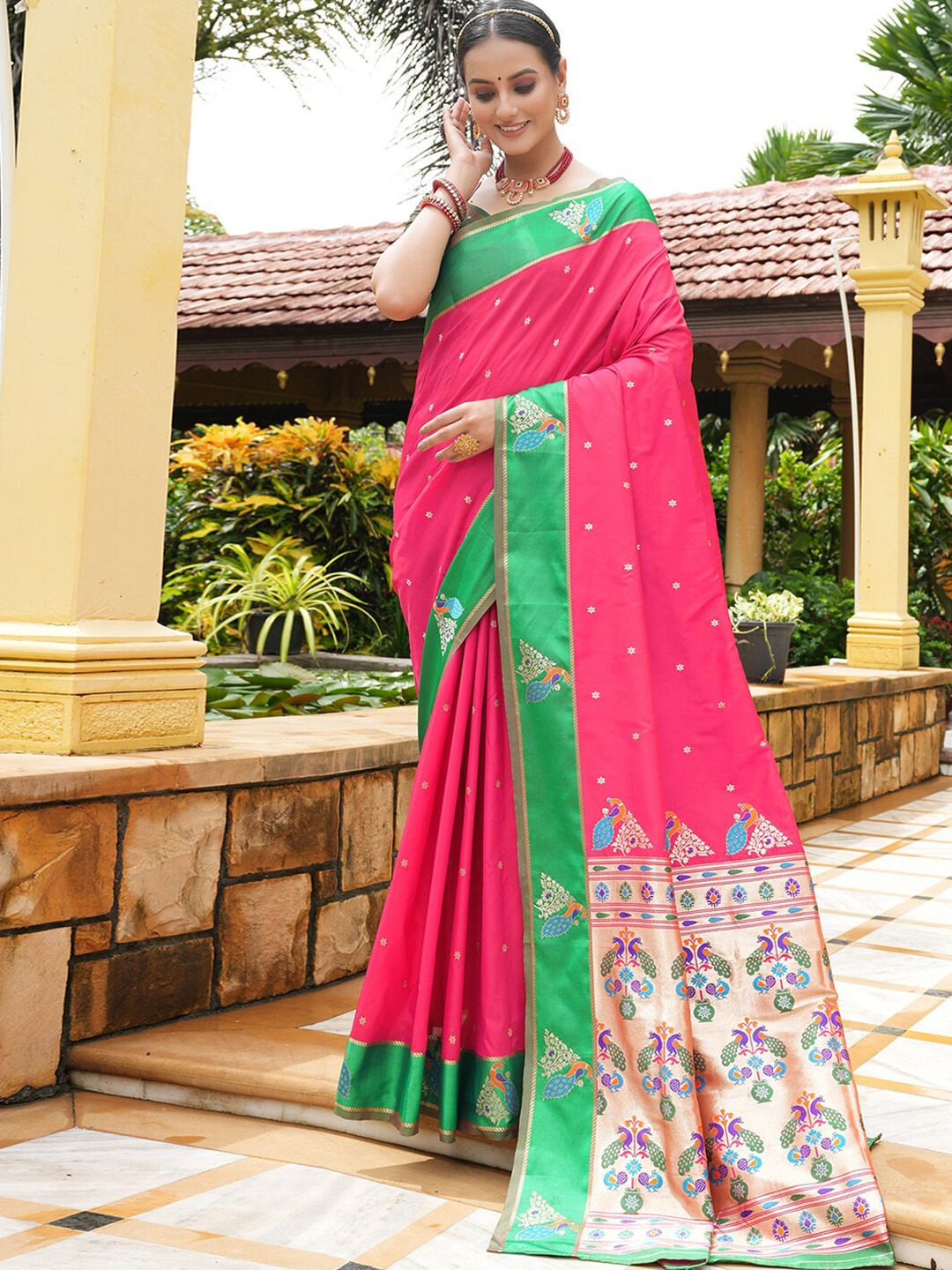

Satrani Pink & Green Ethnic Motifs Woven Design Zari Paithani Saree
