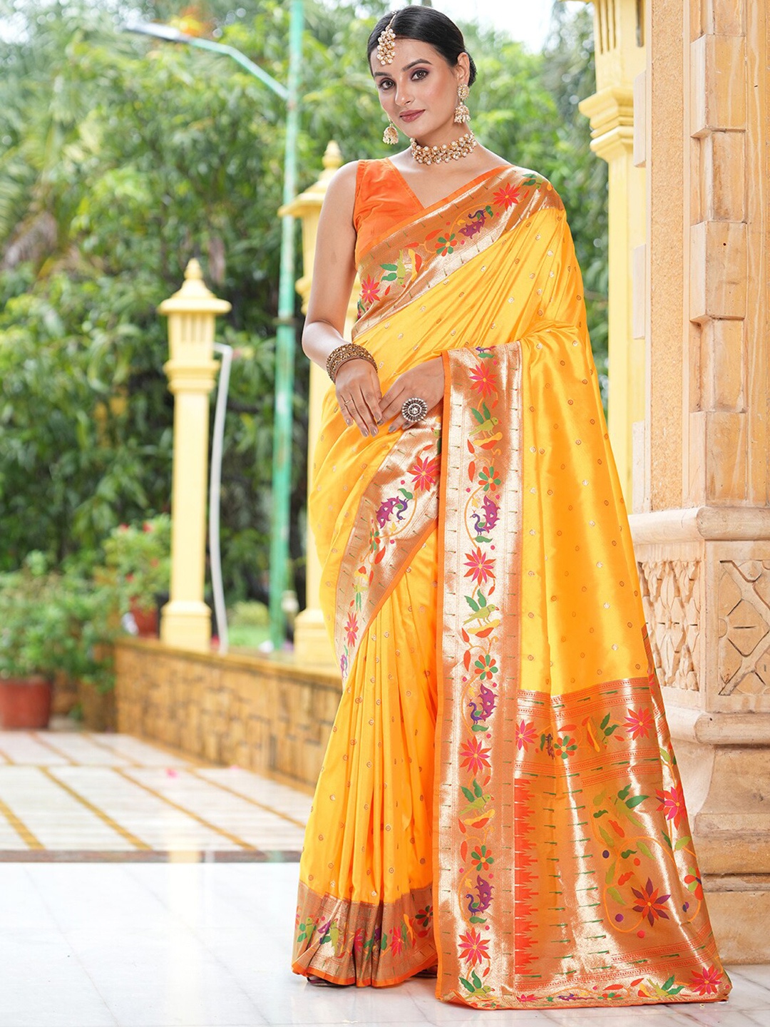 

Satrani Yellow & Green Ethnic Motifs Woven Design Zari Paithani Saree