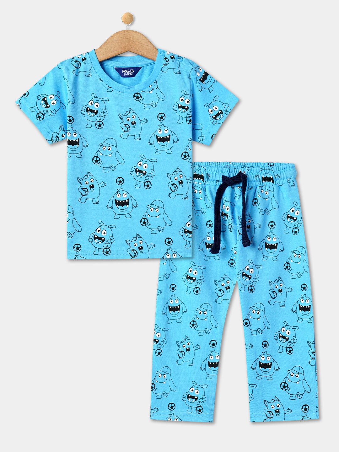 

R&B Boys Conversational Printed Pure Cotton T-shirt with Lounge Pants, Blue