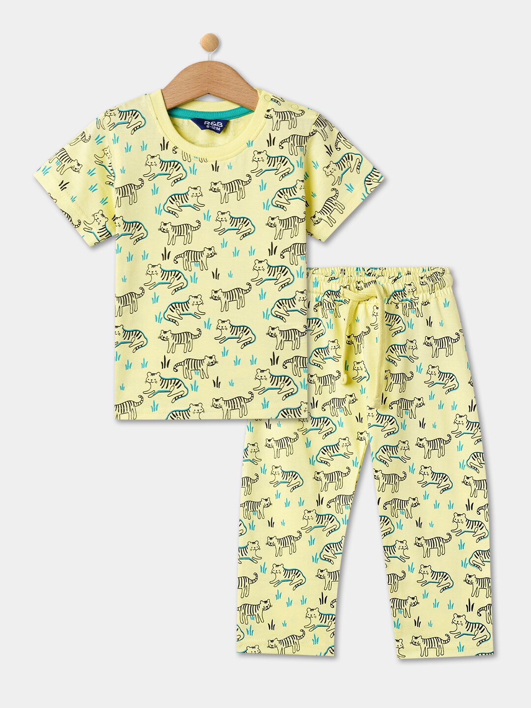 

R&B Boys Graphic Printed Pure Cotton T-shirt with Lounge Pants, Yellow