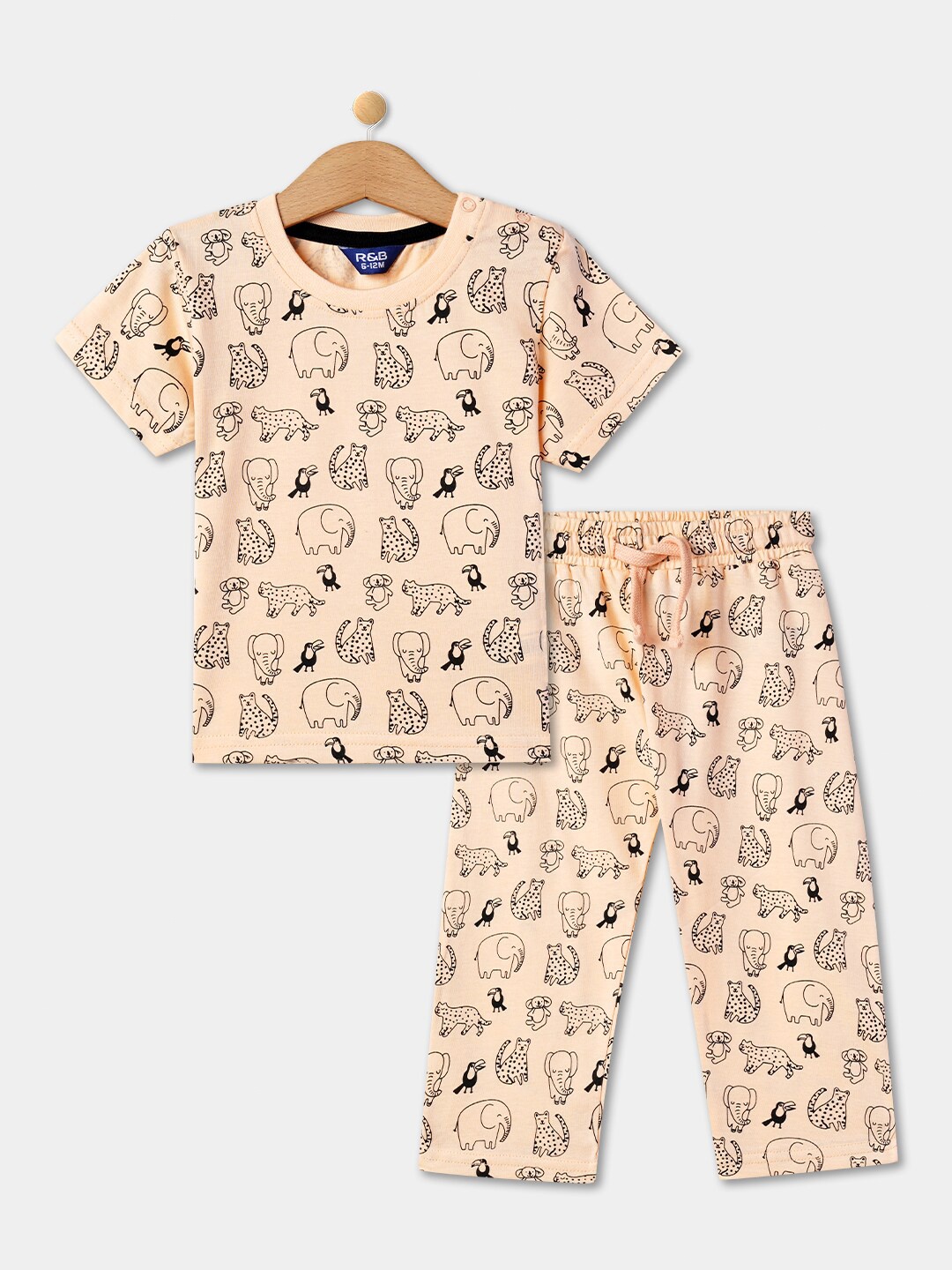 

R&B Boys Conversational Printed Pure Cotton T-shirt with Lounge Pants, Peach
