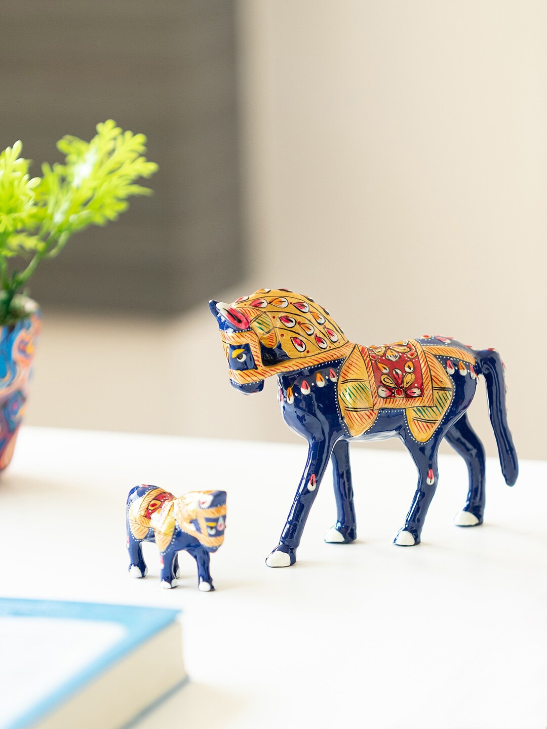 

ExclusiveLane Blue & Beige 2 Pieces Meenakari Horse & Foal Showpieces