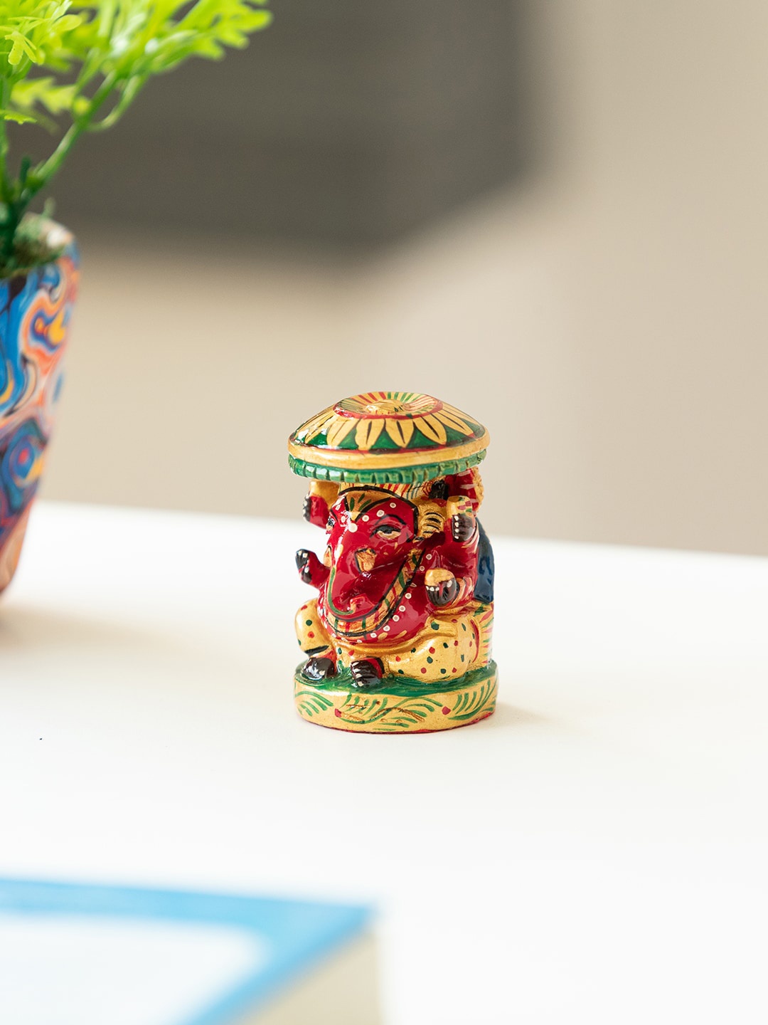 

ExclusiveLane Red & Green Vibrant Ganesha Idol Decorative Wooden Showpiece