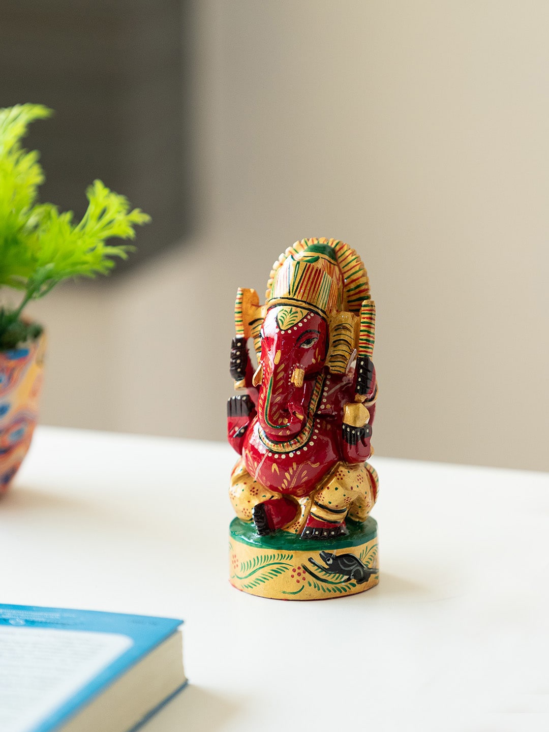 

ExclusiveLane Red & Yellow Gracious Ganesha Figurine Showpiece
