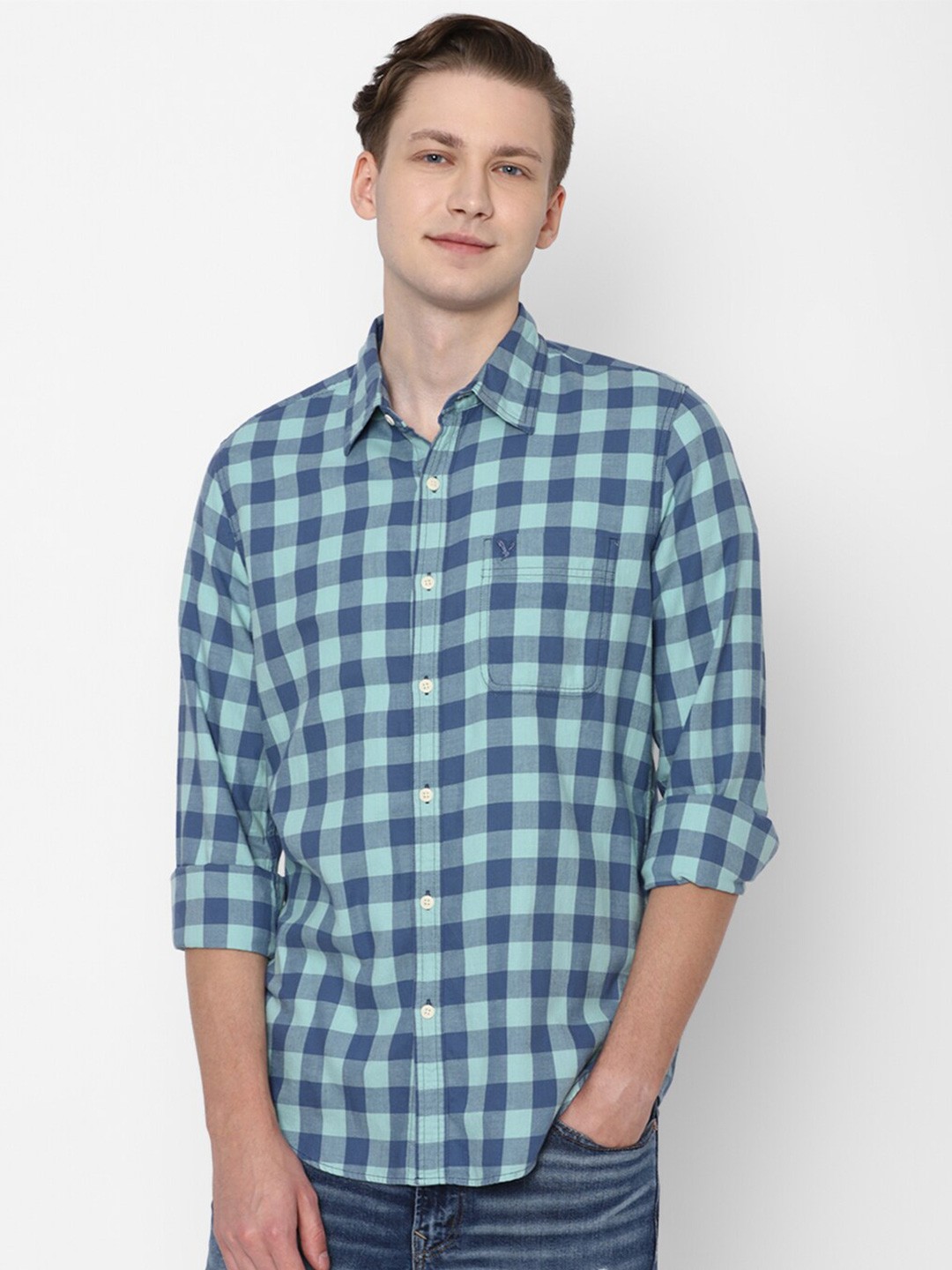 

AMERICAN EAGLE OUTFITTERS Tartan Checked Pure Cotton Casual Shirt, Blue