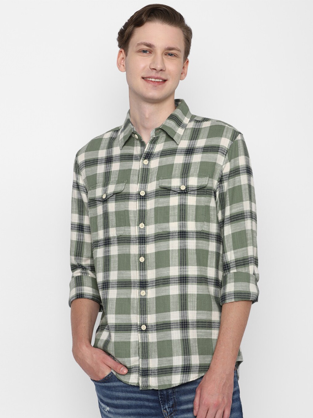 

AMERICAN EAGLE OUTFITTERS Tartan Checked Pure Cotton Casual Shirt, Green