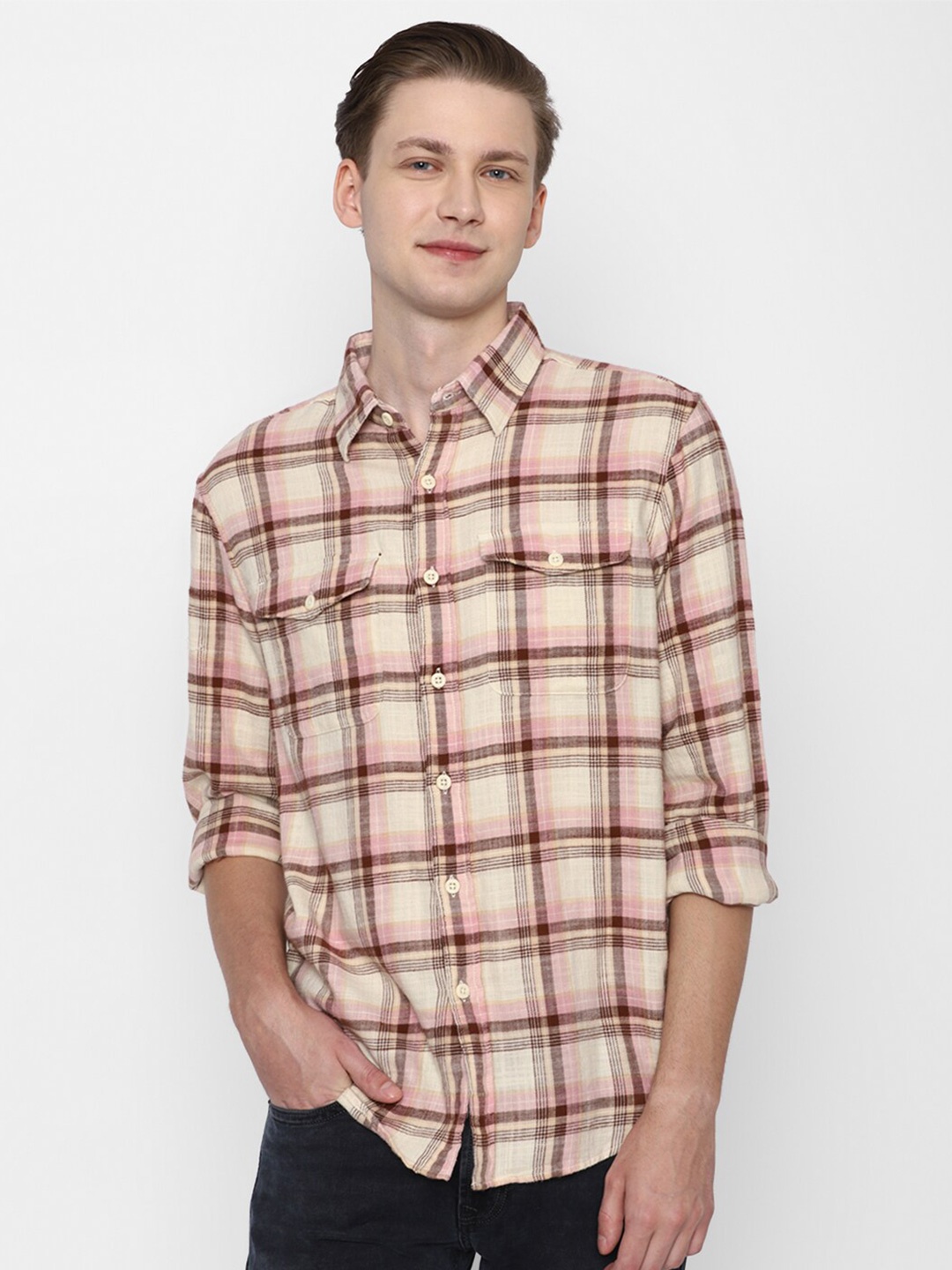 

AMERICAN EAGLE OUTFITTERS Tartan Checks Spread Collar Pure Cotton Casual Shirt, Cream