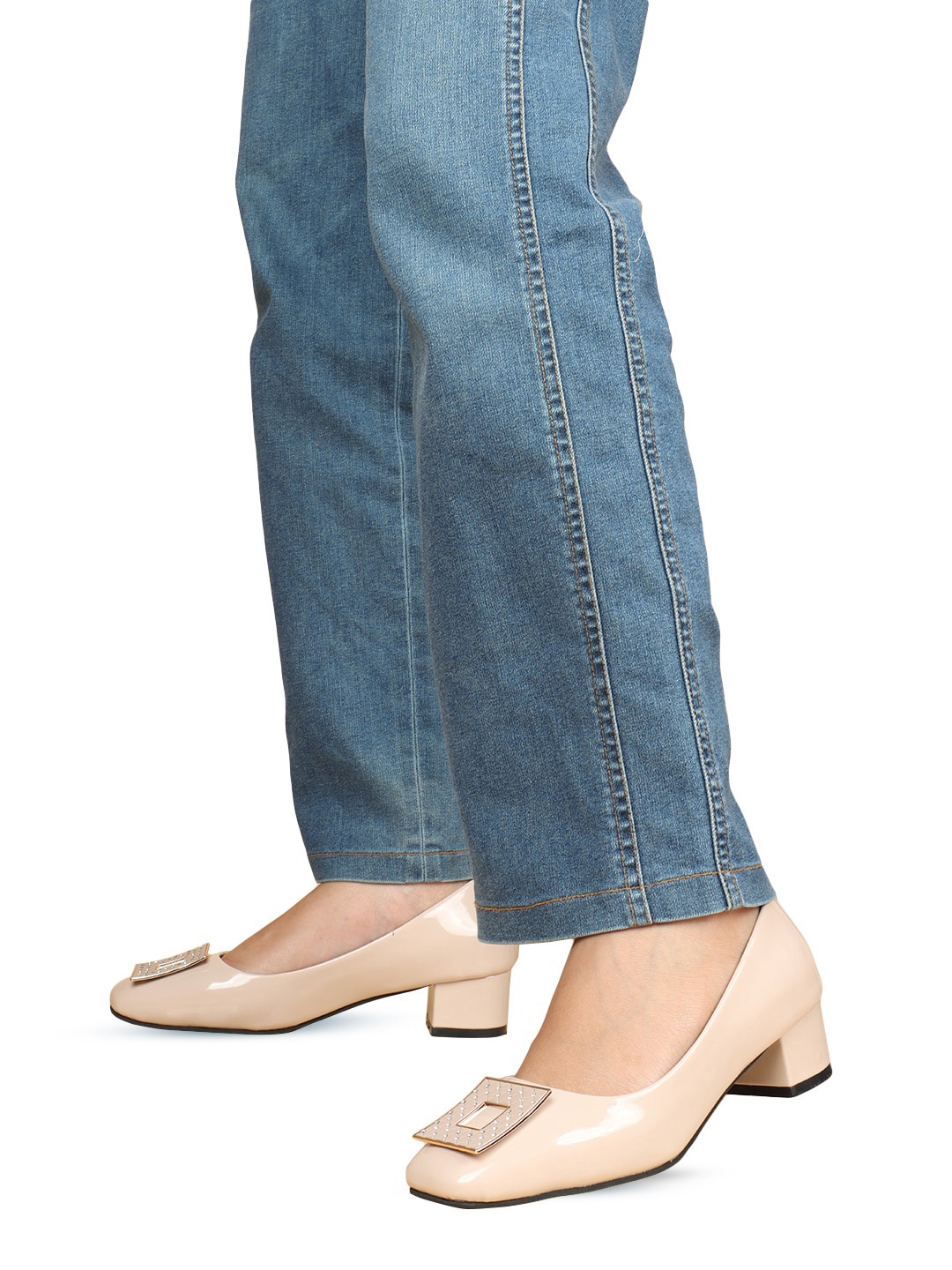 

ELLE Embellished Block Heel Pumps, Cream