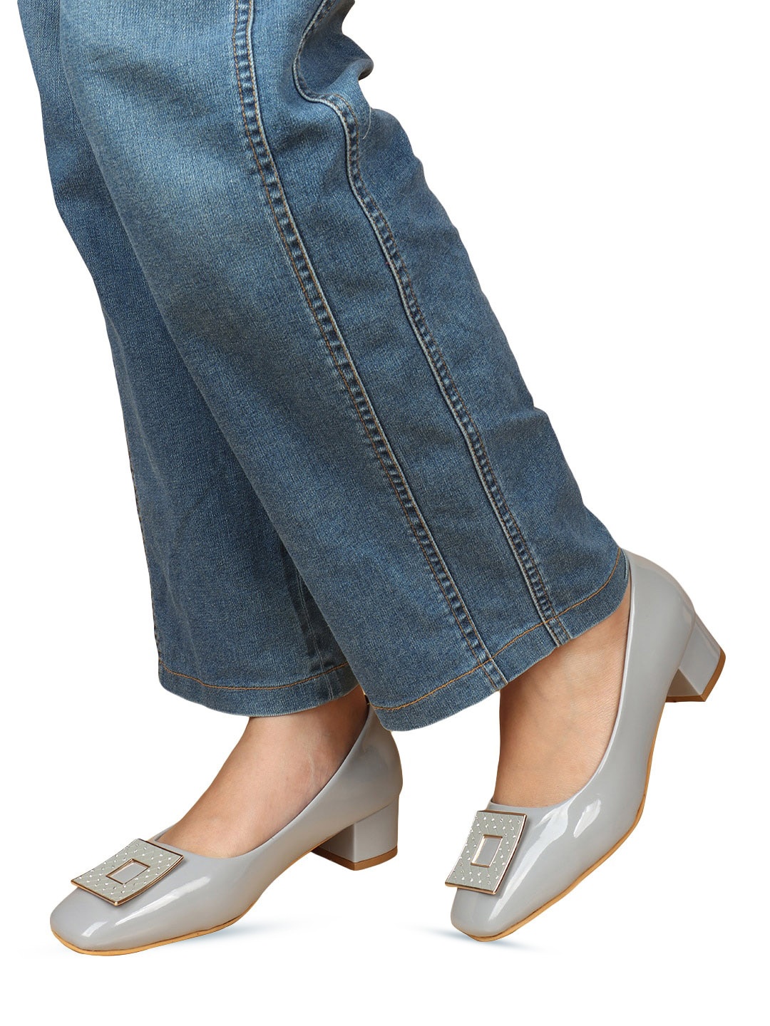 

ELLE Square Toe Embellished Block Pumps, Grey
