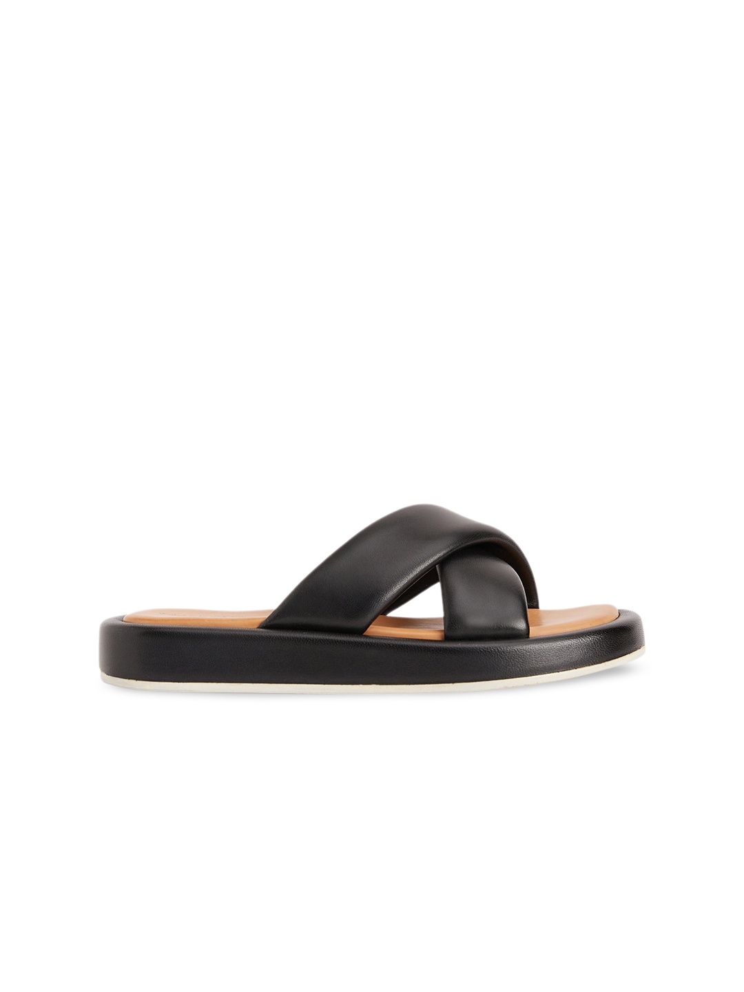 

Peach Flores Cross Strap Leather Open Toe Flats, Black