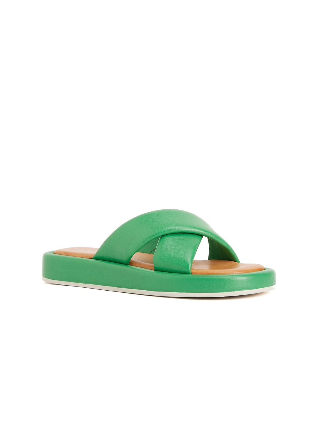 

Peach Flores Criss Cross Strap Leather Open Toe Flats, Green