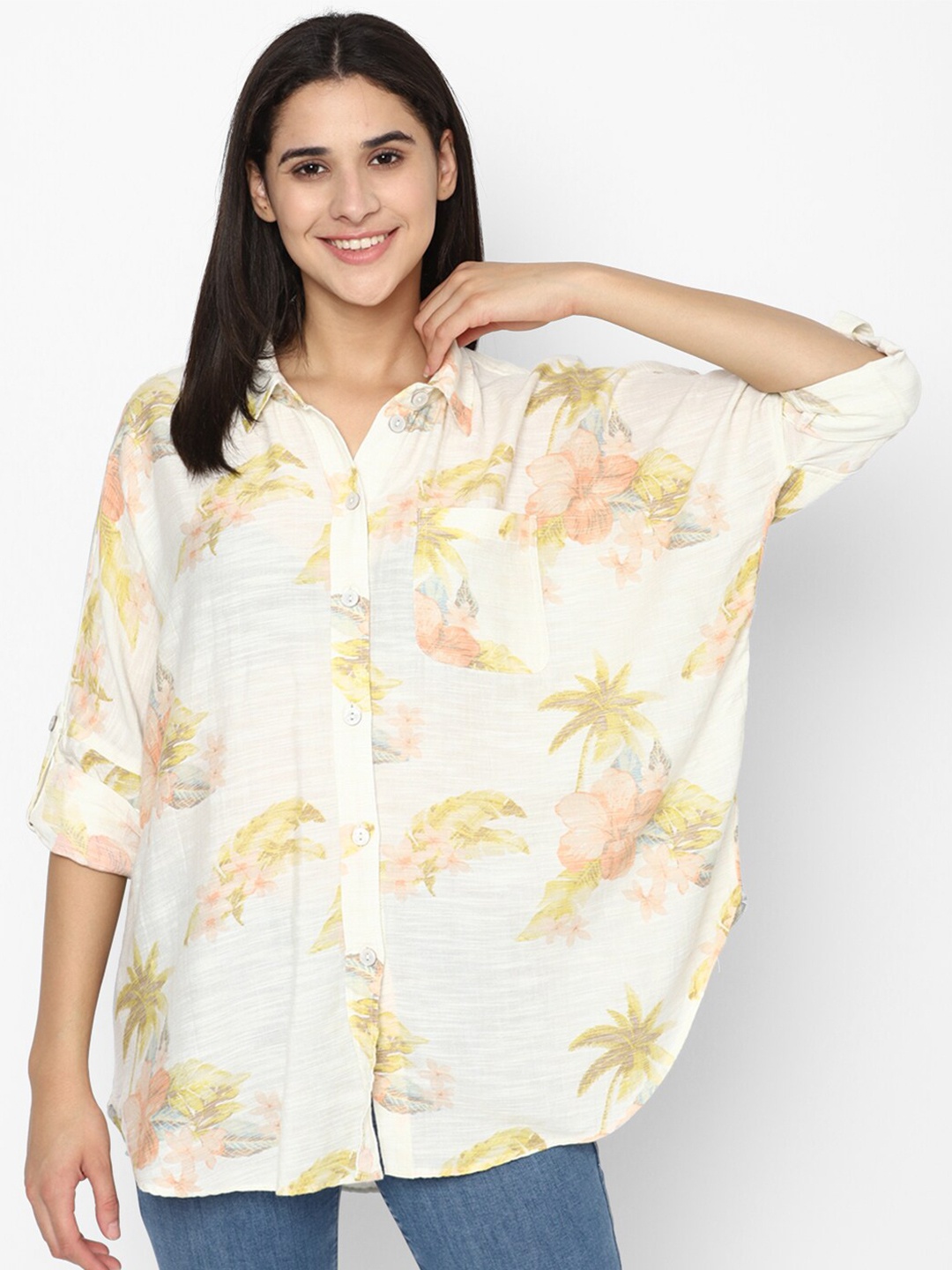 

AMERICAN EAGLE OUTFITTERS Floral Printed Spread Collar Pure Cotton Casual Oversized Shirt, Cream